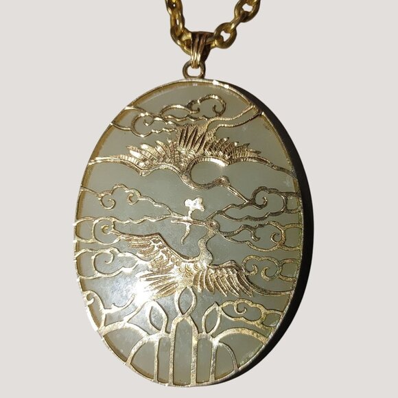 Large Jade Jadeite Pendant Vintage Gold Overlay Cranes Birds Asian Gold Filled - Picture 4 of 12